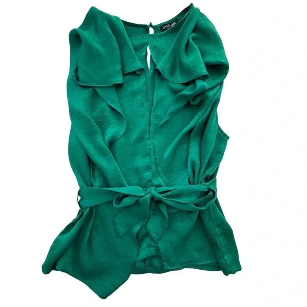 Women’s Satin Green Blouse features a tie-belt at waist, relaxed silhouette